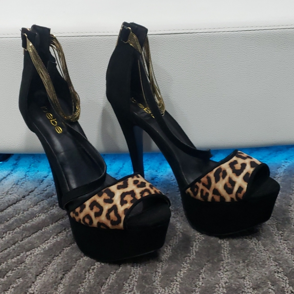 Bebe Black Leapord Platform High Heels Stilletos